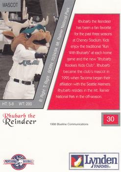 1998 Blueline Q-Cards Tacoma Rainiers #30 Rhubarb The Reindeer Back