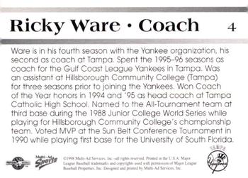 1998 Multi-Ad Tampa Yankees #4 Ricky Ware Back