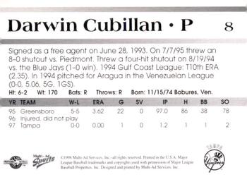 1998 Multi-Ad Tampa Yankees #8 Darwin Cubillan Back