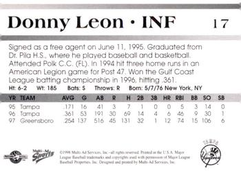 1998 Multi-Ad Tampa Yankees #17 Donny Leon Back