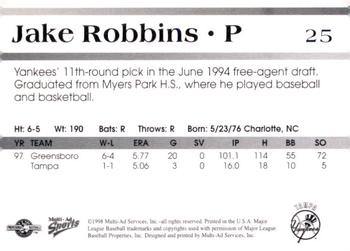 1998 Multi-Ad Tampa Yankees #25 Jake Robbins Back