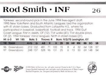 1998 Multi-Ad Tampa Yankees #26 Rod Smith Back