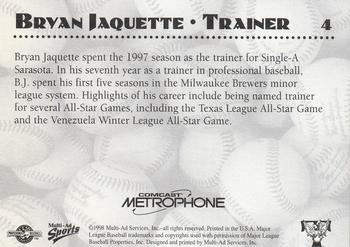 1998 Multi-Ad Trenton Thunder #4 Bryan Jaquette Back