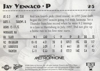 1998 Multi-Ad Trenton Thunder #25 Jay Yennaco Back