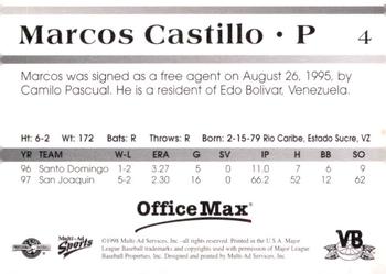 1998 Multi-Ad Vero Beach Dodgers #4 Marcos Castillo Back