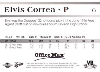 1998 Multi-Ad Vero Beach Dodgers #6 Elvis Correa Back