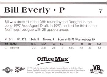 1998 Multi-Ad Vero Beach Dodgers #7 Bill Everly Back