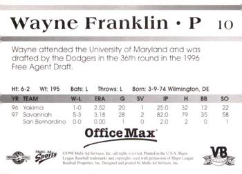 1998 Multi-Ad Vero Beach Dodgers #10 Wayne Franklin Back