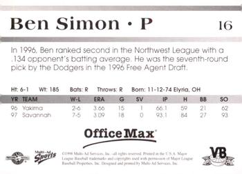 1998 Multi-Ad Vero Beach Dodgers #16 Ben Simon Back