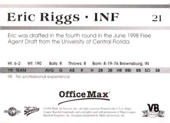 1998 Multi-Ad Vero Beach Dodgers #21 Eric Riggs Back