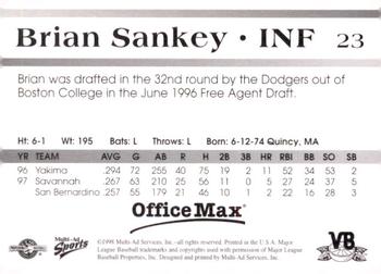 1998 Multi-Ad Vero Beach Dodgers #23 Brian Sankey Back