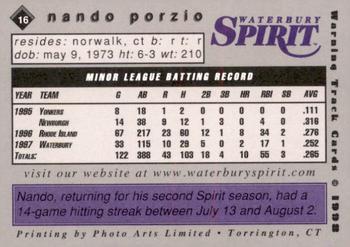 1998 Warning Track Waterbury Spirit #16 Nando Porzio Back
