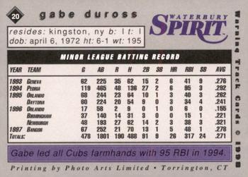 1998 Warning Track Waterbury Spirit #20 Gabe Duross Back