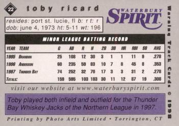 1998 Warning Track Waterbury Spirit #22 Toby Richard Back