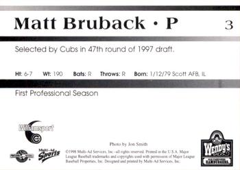 1998 Multi-Ad Williamsport Cubs #3 Matt Bruback Back