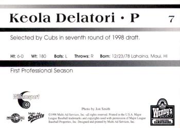 1998 Multi-Ad Williamsport Cubs #7 Keola Delatori Back