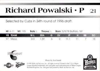 1998 Multi-Ad Williamsport Cubs #21 Richard Powalski Back