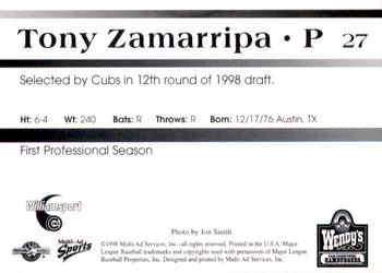 1998 Multi-Ad Williamsport Cubs #27 Tony Zamarripa Back