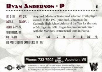 1998 Multi-Ad Wisconsin Timber Rattlers #1 Ryan Anderson Back
