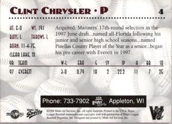 1998 Multi-Ad Wisconsin Timber Rattlers #4 Clint Chrysler Back