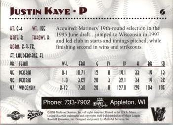 1998 Multi-Ad Wisconsin Timber Rattlers #6 Justin Kaye Back