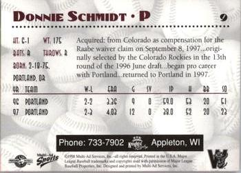 1998 Multi-Ad Wisconsin Timber Rattlers #9 Donnie Schmidt Back