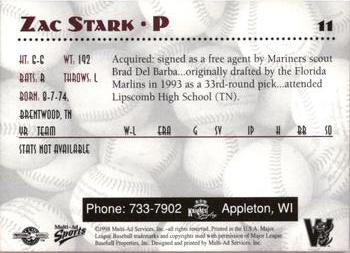 1998 Multi-Ad Wisconsin Timber Rattlers #11 Zac Stark Back