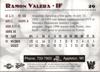 1998 Multi-Ad Wisconsin Timber Rattlers #20 Ramon Valera Back