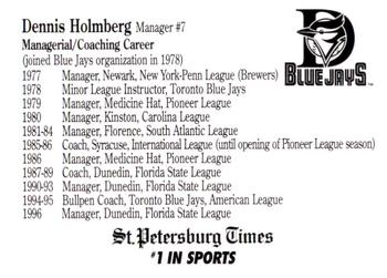 1997 St. Petersburg Times Dunedin Blue Jays Family Night #NNO Dennis Holmberg Back