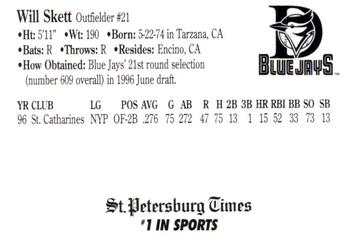1997 St. Petersburg Times Dunedin Blue Jays Family Night #NNO Will Skett Back