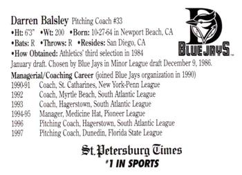 1997 St. Petersburg Times Dunedin Blue Jays Family Night #NNO Darren Balsley Back