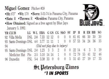 1997 St. Petersburg Times Dunedin Blue Jays Family Night #NNO Miguel Gomez Back