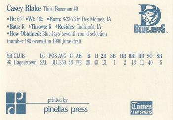 1997 Dunedin Blue Jays #3 Casey Blake Back