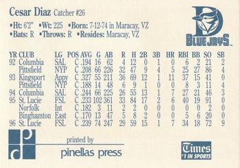 1997 Dunedin Blue Jays #8 Cesar Diaz Back