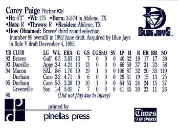 1997 Dunedin Blue Jays #21 Carey Paige Back