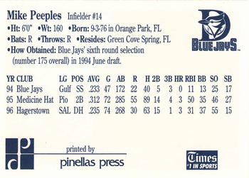 1997 Dunedin Blue Jays #23 Mike Peeples Back