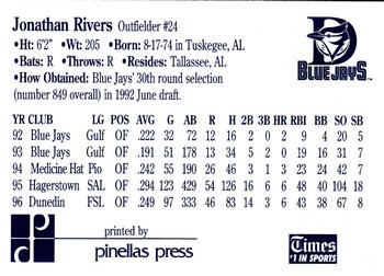 1997 Dunedin Blue Jays #24 Jonathan Rivers Back
