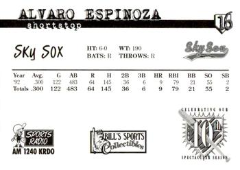 1997 Colorado Springs Sky Sox All-Time Team #16 Alvaro Espinoza Back