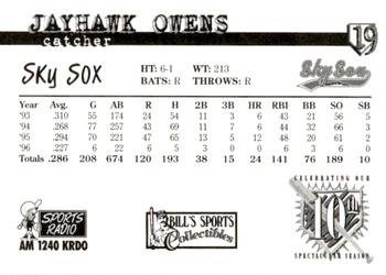 1997 Colorado Springs Sky Sox All-Time Team #19 Jayhawk Owens Back