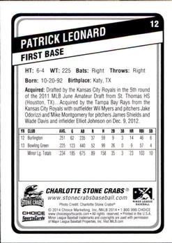 2014 Choice Charlotte Stone Crabs #12 Patrick Leonard Back