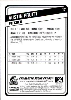 2014 Choice Charlotte Stone Crabs #17 Austin Pruitt Back