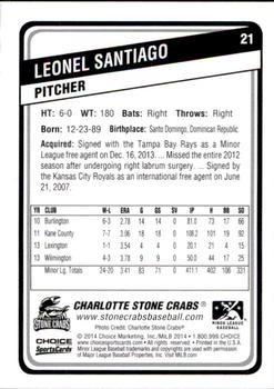 2014 Choice Charlotte Stone Crabs #21 Leonel Santiago Back