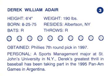 1997 Batavia Clippers #3 Derek Adair Back