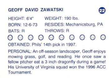 1997 Batavia Clippers #22 Geoff Zawatski Back