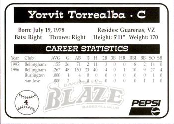 1997 Bakersfield Blaze (SGA) #4 Yorvit Torrealba Back