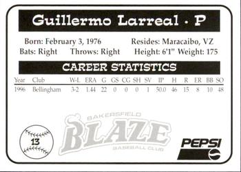 1997 Bakersfield Blaze (SGA) #13 Guillermo Larreal Back