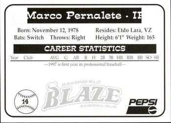 1997 Bakersfield Blaze (SGA) #14 Marco Pernalete Back
