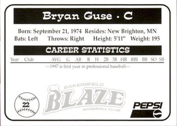1997 Bakersfield Blaze (SGA) #22 Bryan Guse Back