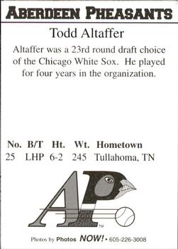 1997 Aberdeen Pheasants #NNO Todd Altaffer Back