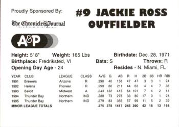 1996 Thunder Bay Whiskey Jacks #NNO Jackie Ross Back